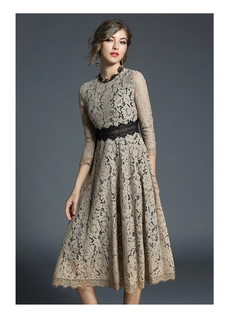 High-end boutique women's wind crochet flower hollow lace dress large swing dress