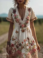 Bohemian Style Plant Flower And Butterfly Pattern Embroidery Women's Cotton And Linen Dress