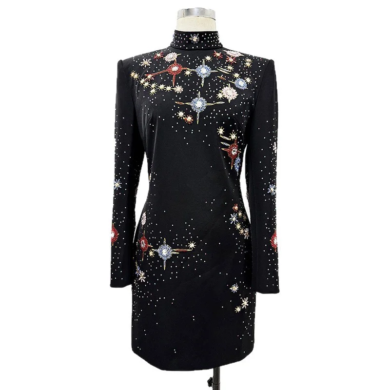 Nigikala Nigikala New Star Fashion Heavy Industry Diamond Embroidery Embroidery Hot Diamond Body Long-Sleeved Dress