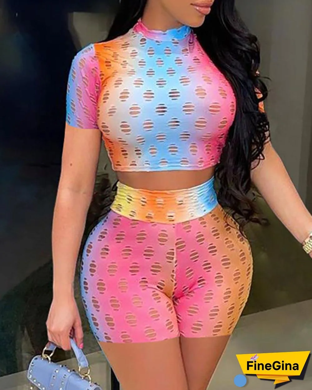 Colorblock Hollow Out Crop Top & Shorts Sets