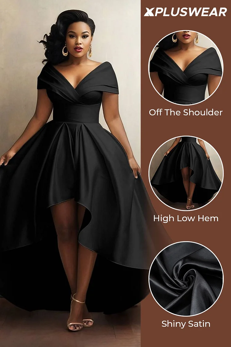 Xpluswear Design Plus Size Formal Black Off The Shoulder High Low Hem Satin Midi Dresses