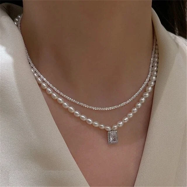 Natural Pearl Square Diamond Necklace