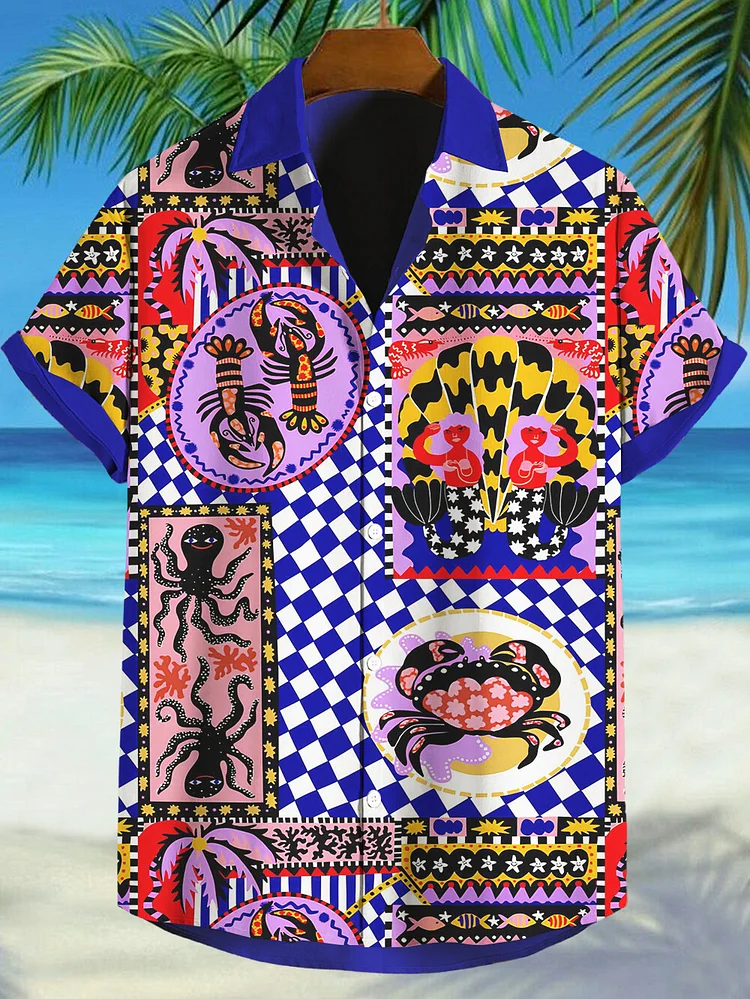 Men's Lobster Octopus Crab Art Print Casual Shirt