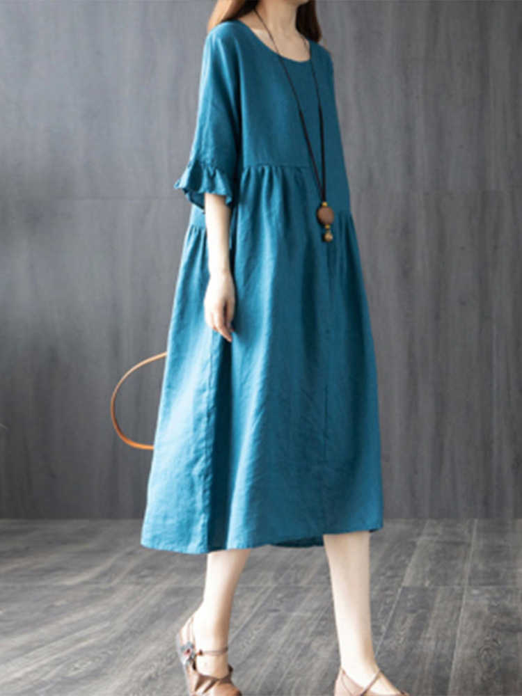 Fashion Cotton Linen Loose Round Neck Solid Color Half Sleeve Dress