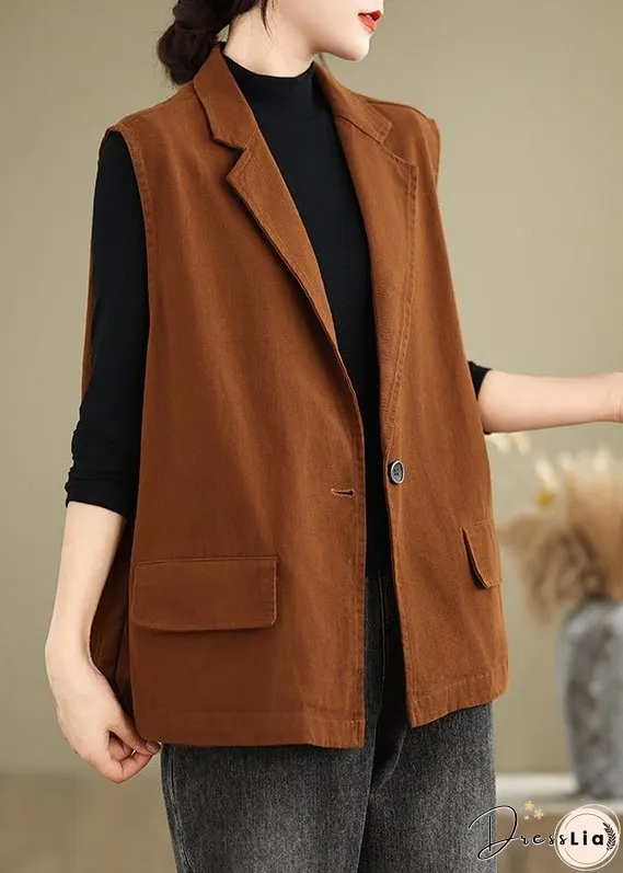 Plus Size Orange Notched Neck Pockets Cotton Vest Sleeveless
