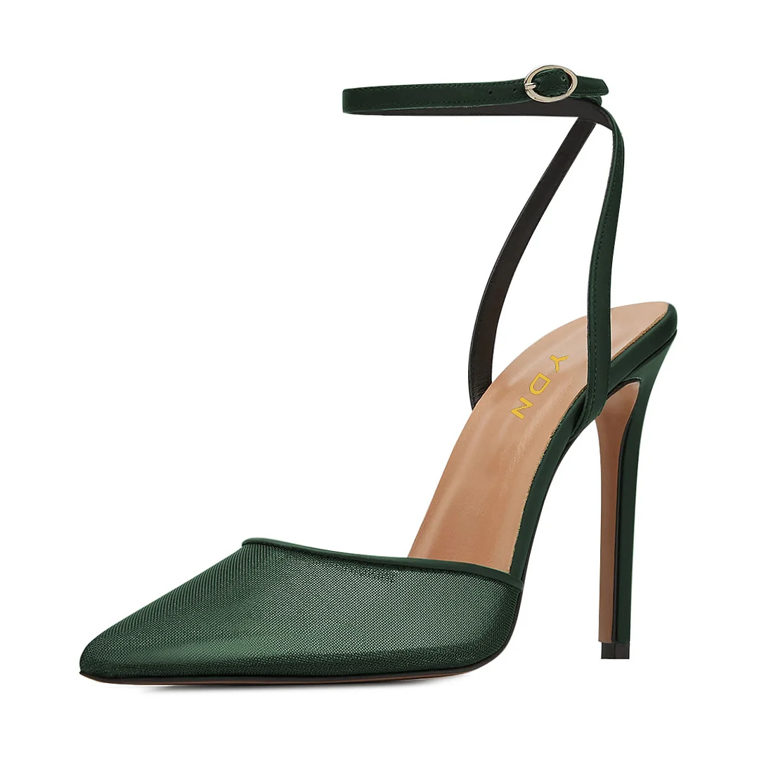 Mesh & Satin Buckle Fastening Ankle Strap Elegant Pumps in Dark Green
