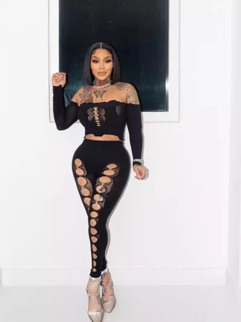 Uveng Uveng Female Solid Color Round Collar Hollow Lace Sexy Body Repair Knit 2 Pieces Set