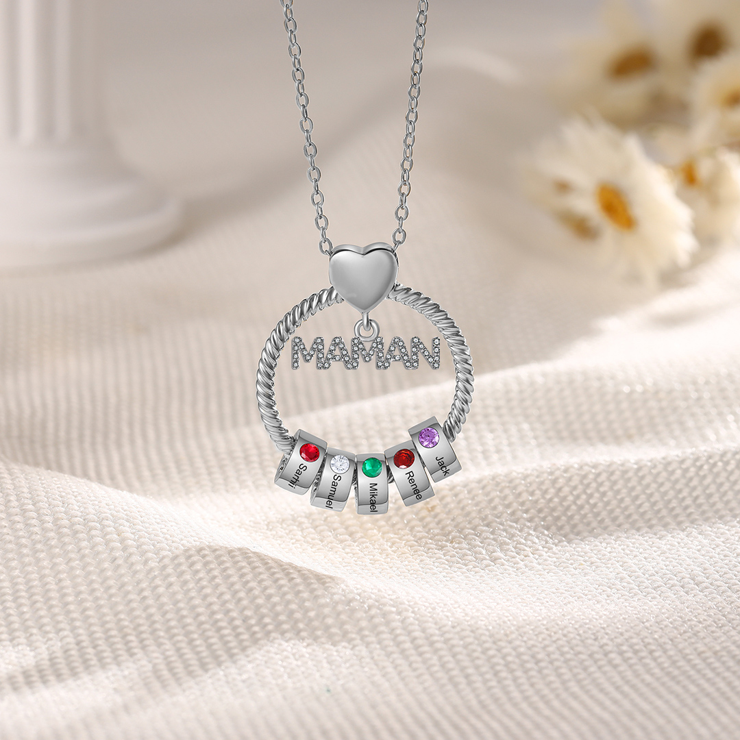 À ma Maman - Collier Pendentif 5 Prénoms Personnalisés avec Pierre de naissance