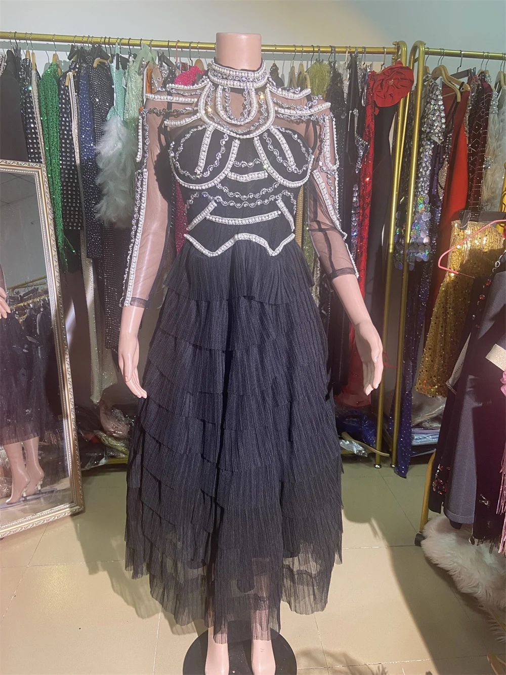 Zingj Black Half-High Collar Beaded Long Sleeves And Tenders To Puffy Long Dress