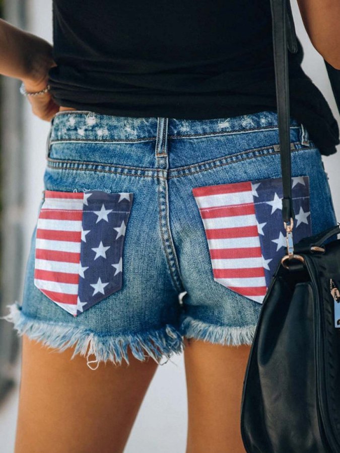Women's Leisure Independence Day Flag Printed Denim Shorts