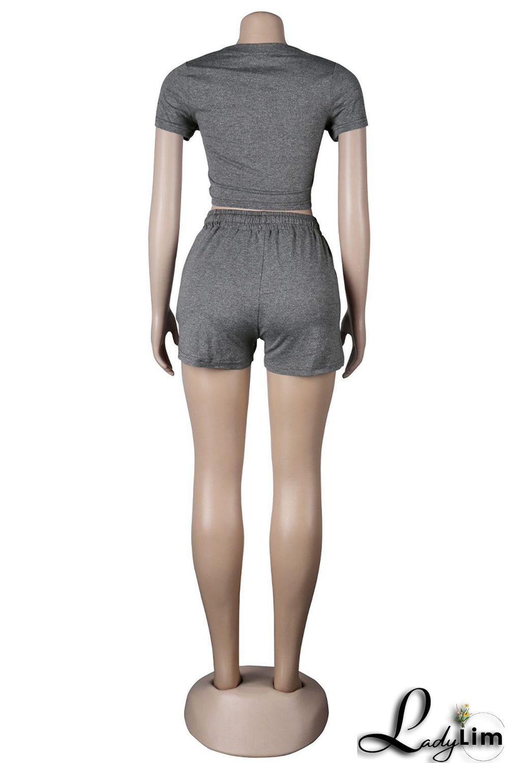 Rose Red Fashion Solid Draw String O Neck Short Sleeve Two Pieces