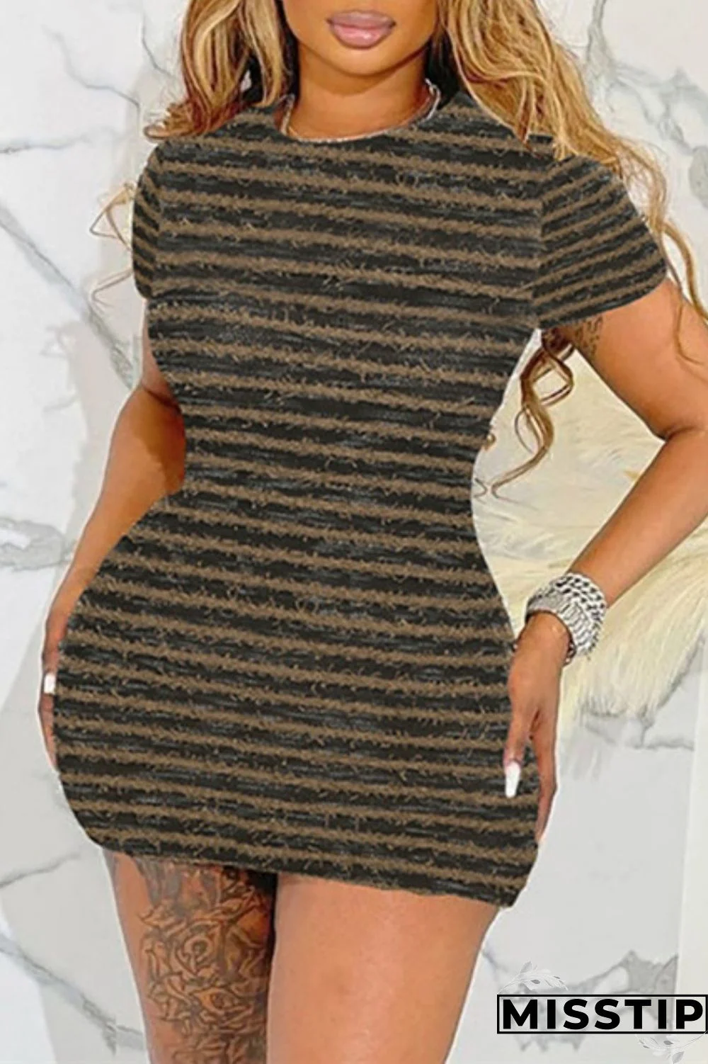 Brown Casual Striped Patchwork O Neck Short Sleeve Dress