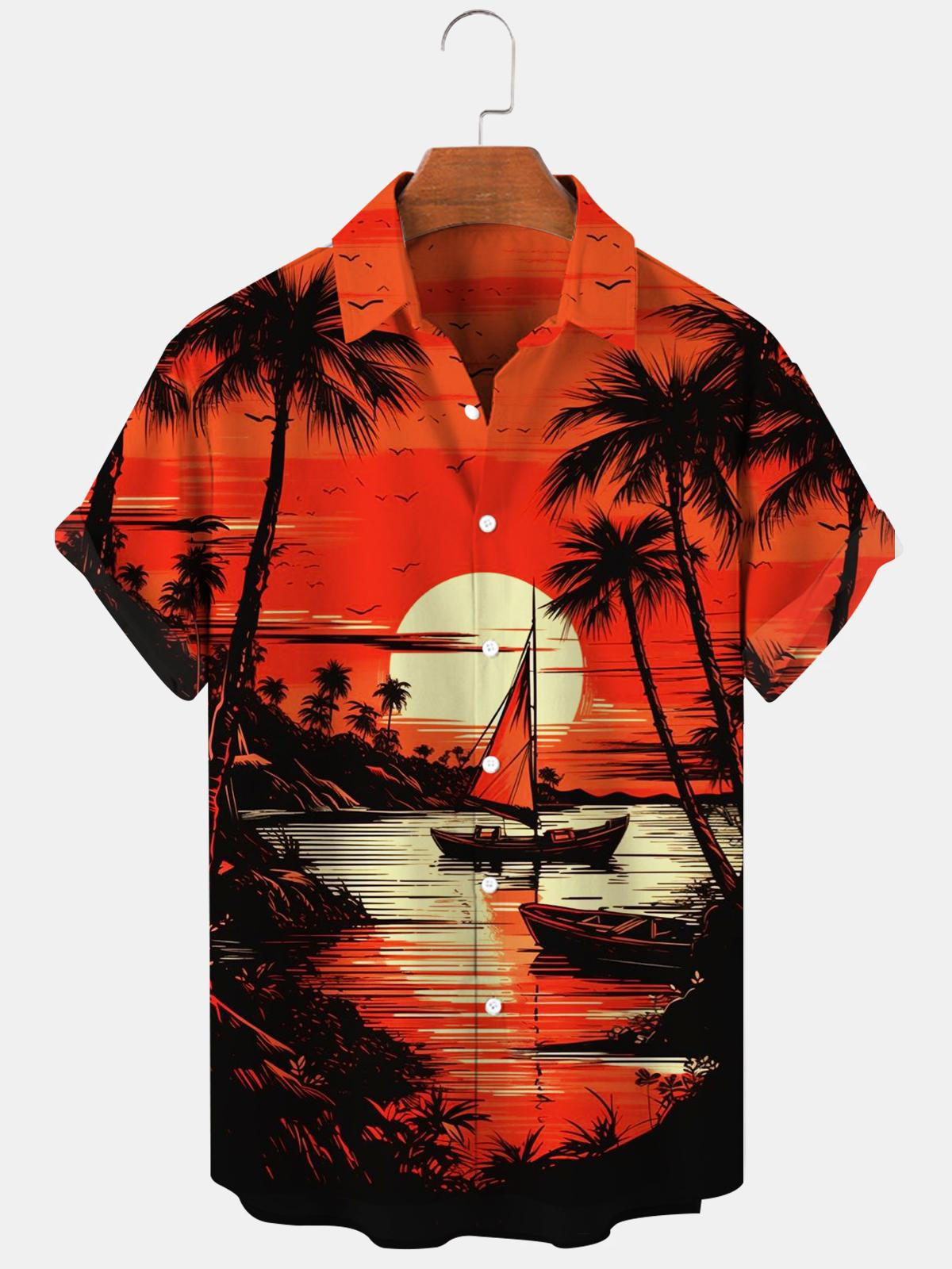 menclobber-Hawaiian Coconut Tree Sunset Sea Boat Men's Shirts