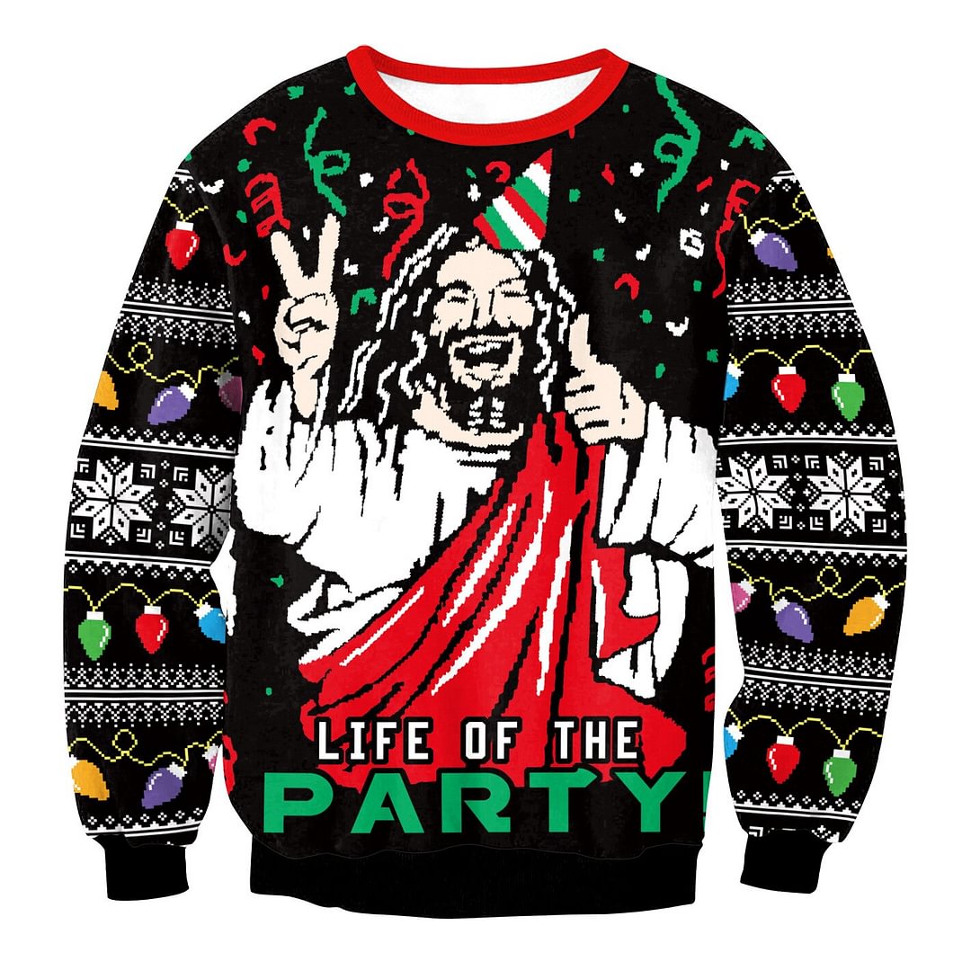 Jesus Print Funny Graphic Pullover Crew Neck Ugly Christmas Sweatshirts-VESSFUL
