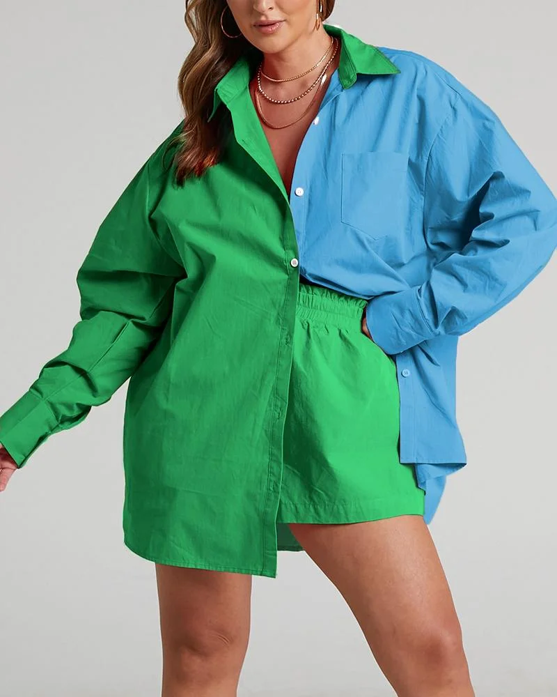 Casual Two Piece Colorblock Shirt & Shorts