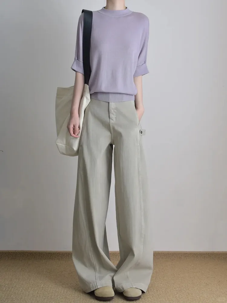 Light gray high-waisted wide-leg utility-style casual trousers