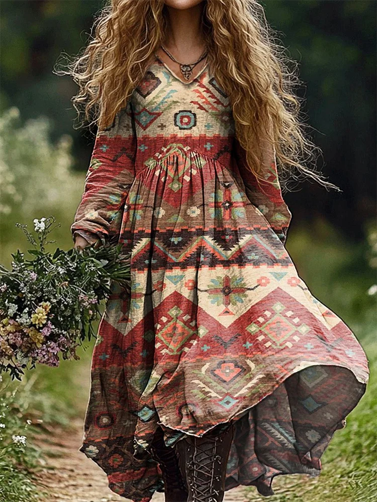 Women's Vintage Pattern Art Print Pocket Cotton Dress
