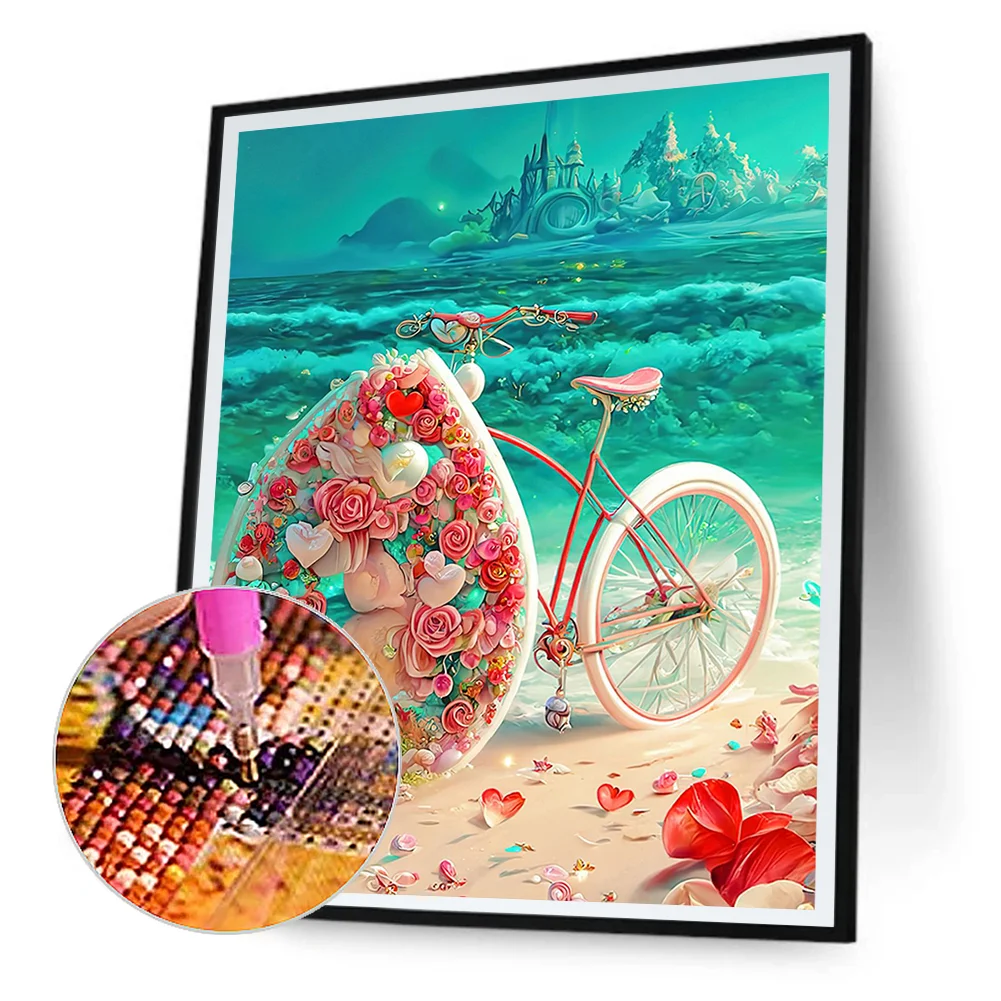 Full Round Diamond Painting 30*40cm - Beach Romantic Rose Bicycle