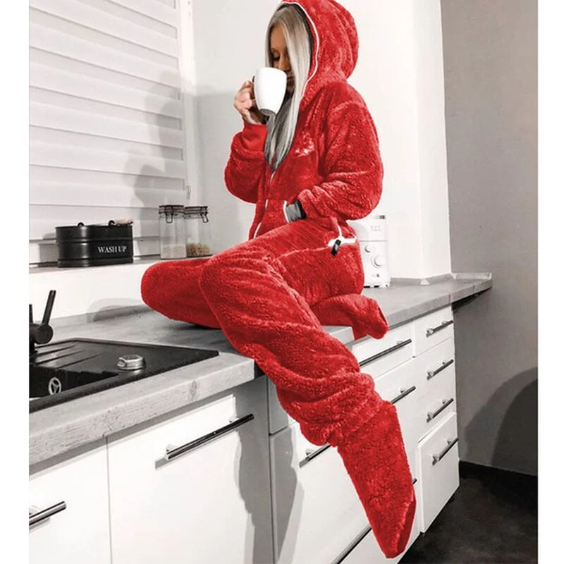 Jumpsuit Women Flannel Long Sleeve Jump Suits for Woman Homewear Pajamas Romers Solid Color Ladies Hooded Jumpsuits Outfits