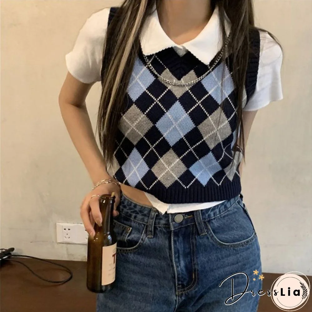 Checkered Cropped Knitted Tank Argyle Sleeveless Jumper