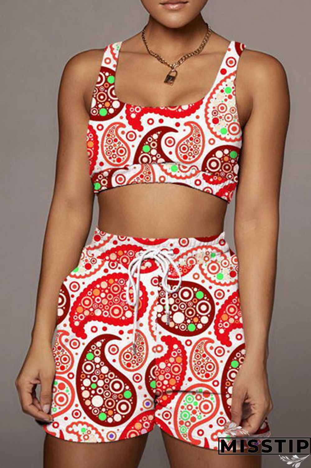 Red Casual Print Patchwork U Neck Two Pieces