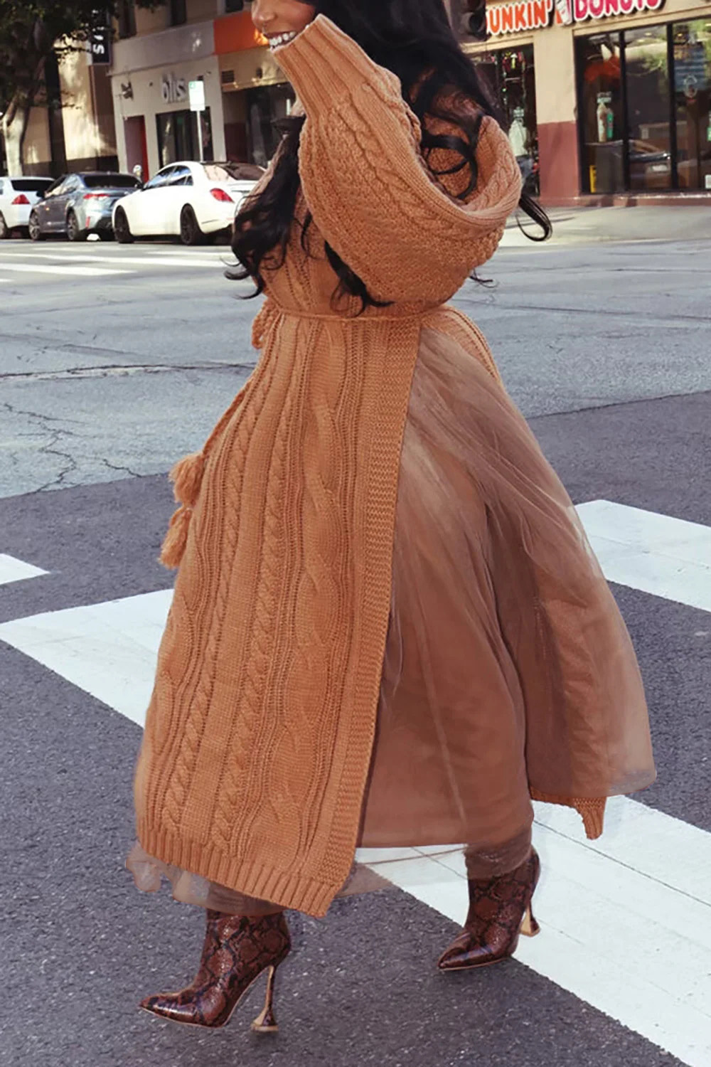 Plus Size Daily Skirt Set Brown Knit Tulle High Collar Two Piece Skirt Set