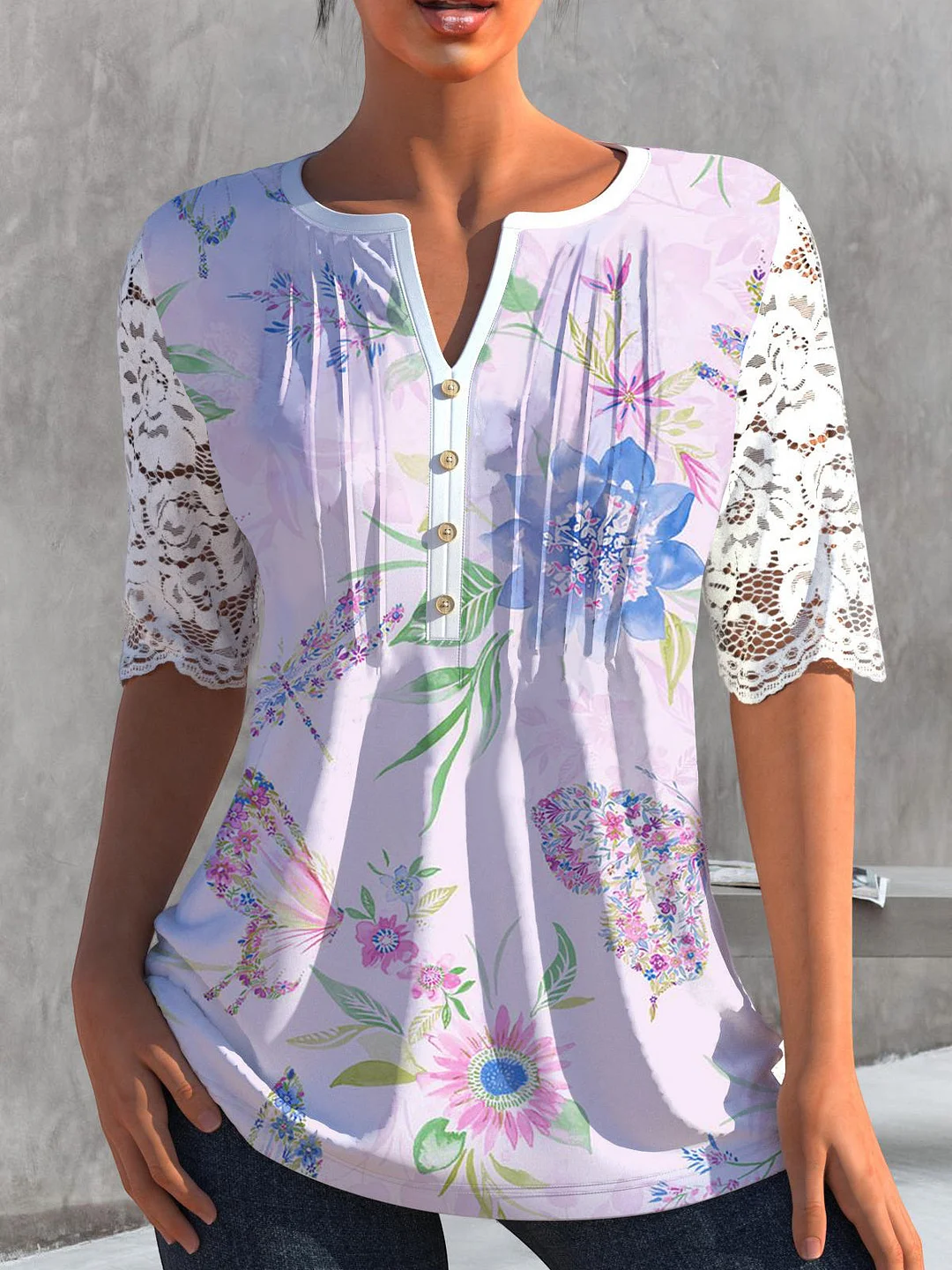 Women's 3/4 Sleeve V-neck Lace Floral Printed Tops