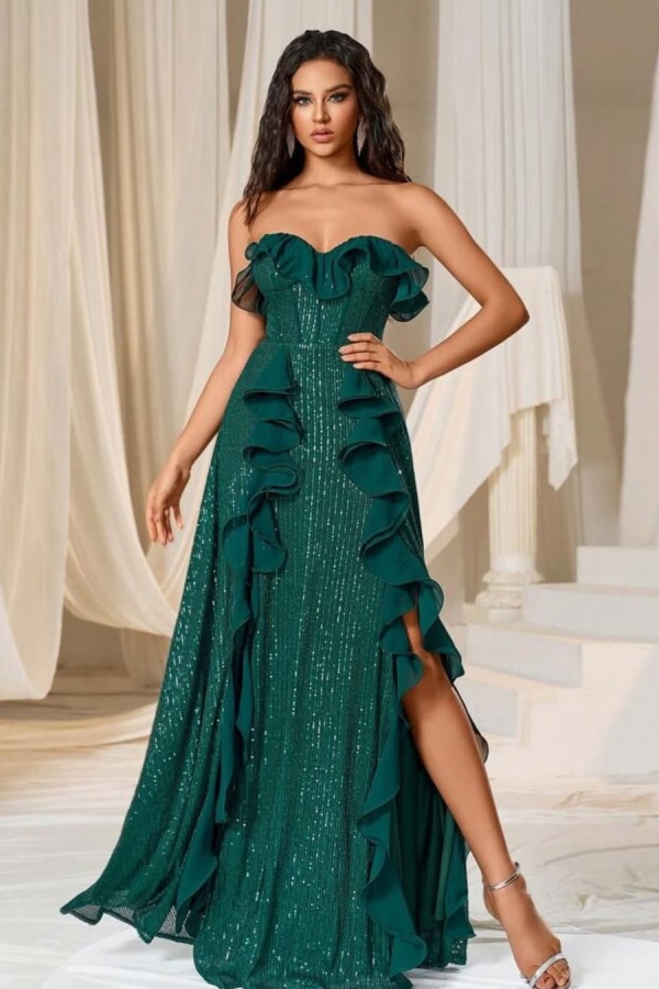 Sequins Dark Green Strapless Split Evening Dress With Ruffles | ZT0353