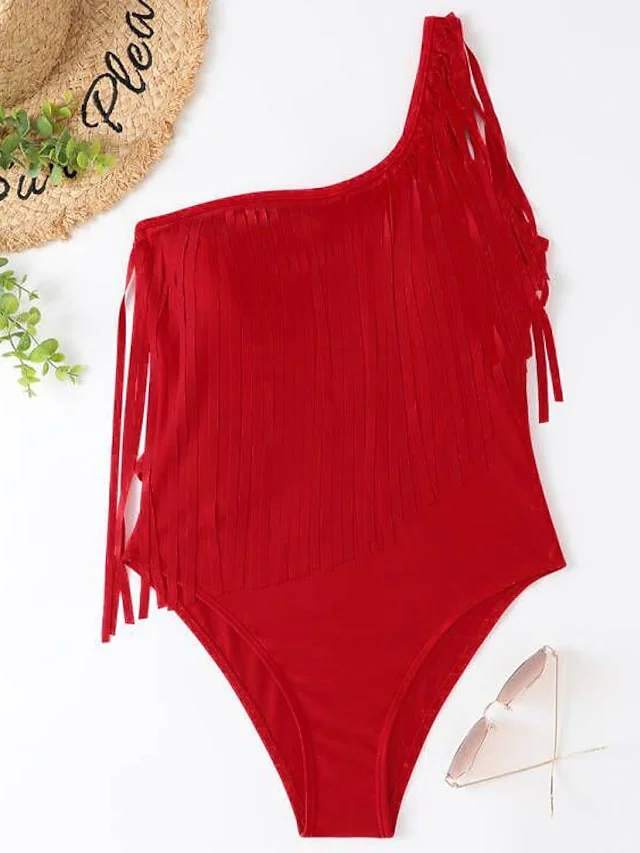 Women's Swimwear One Piece Normal Swimsuit Tassel Solid Color Black Pink Red Royal Blue Purple Bodysuit Bathing Suits Sports Summer | IFYHOME