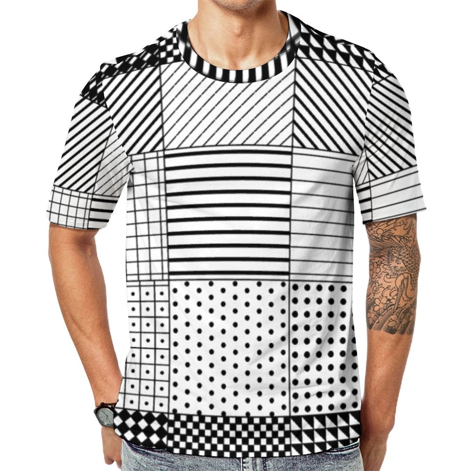 Geometric Black Modern Retro Checked Line Short Sleeve Print Unisex Tshirt Summer Casual Tees for Men and Women Coolcoshirts