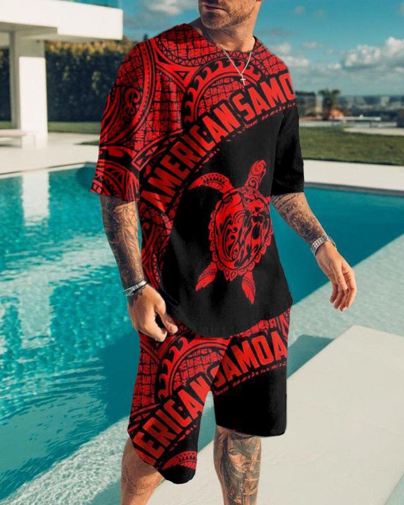 Men's Fashion Red Hawaii Turtle Printing Shorts Suit