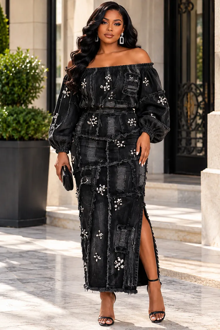Xpluswear Design Plus Size Party Black Off The Shoulder Lantern Sleeve Long Sleeve Drilling Split Denim Two Piece Skirt Sets [Pre-Order] 2024 - Xpluswear