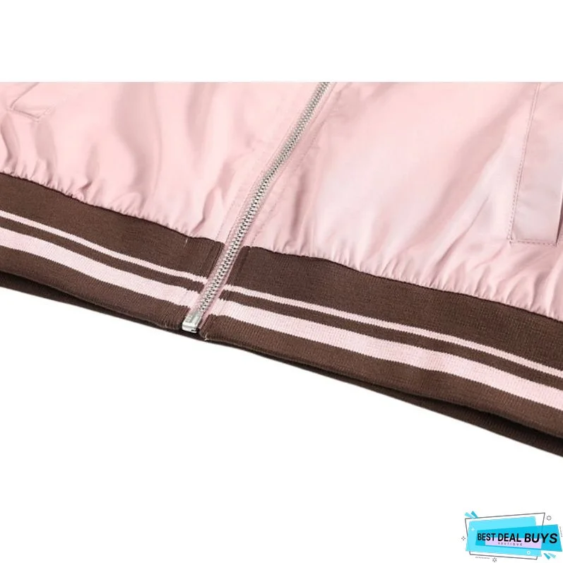 Retro Pink Color-Block Short Baseball Jacket