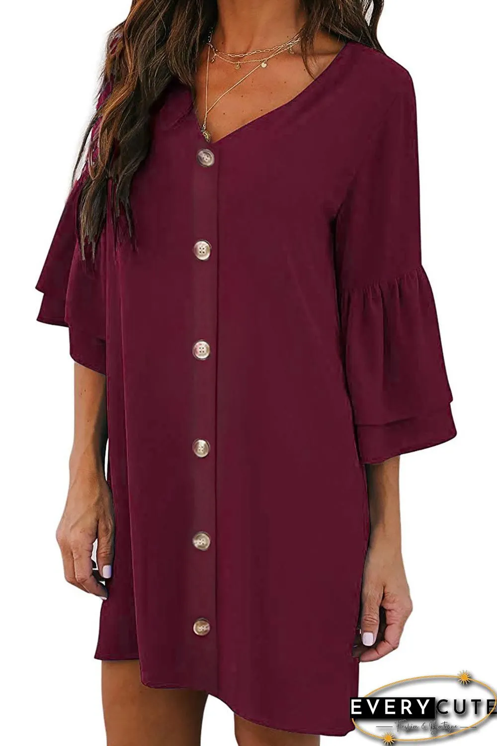 Red V Neck Buttoned Bell Sleeve Shift Shirt Dress