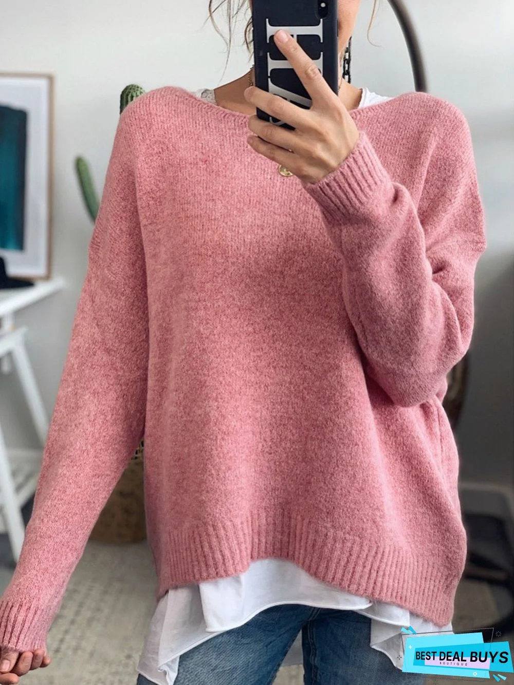 Blue Casual Cotton-Blend Crew Neck Sweater