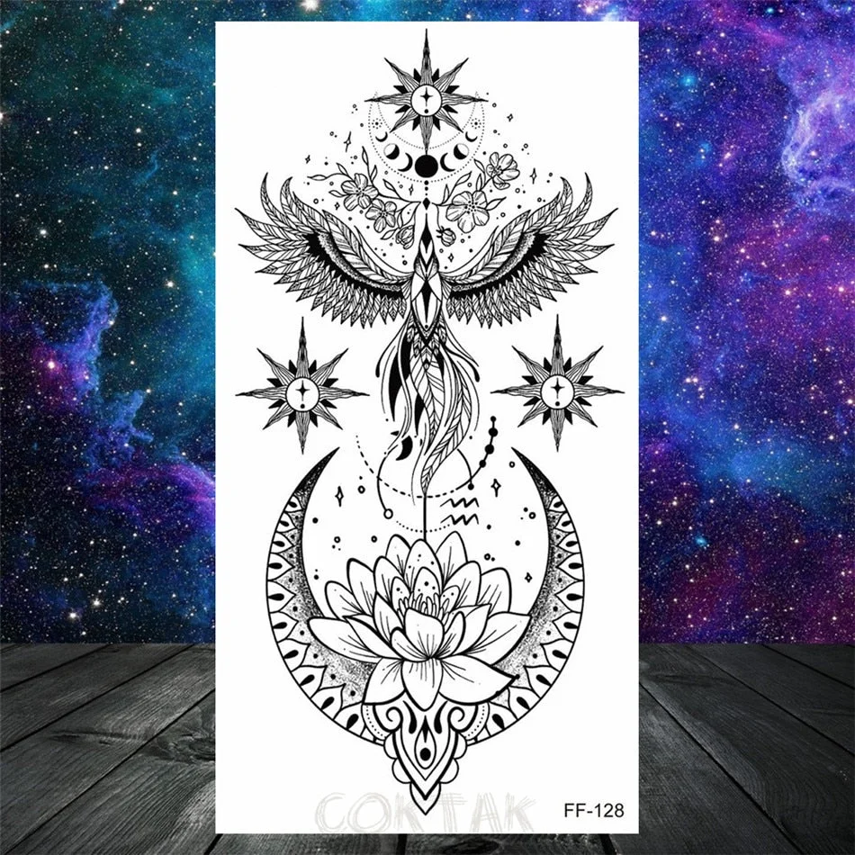 Owl Moth Jewelry Temporary Tattoo For Women Men Mandala Henna Flower Tattoo Mehndi Fake Pendants Geometric Tatoo Chest Back Lace