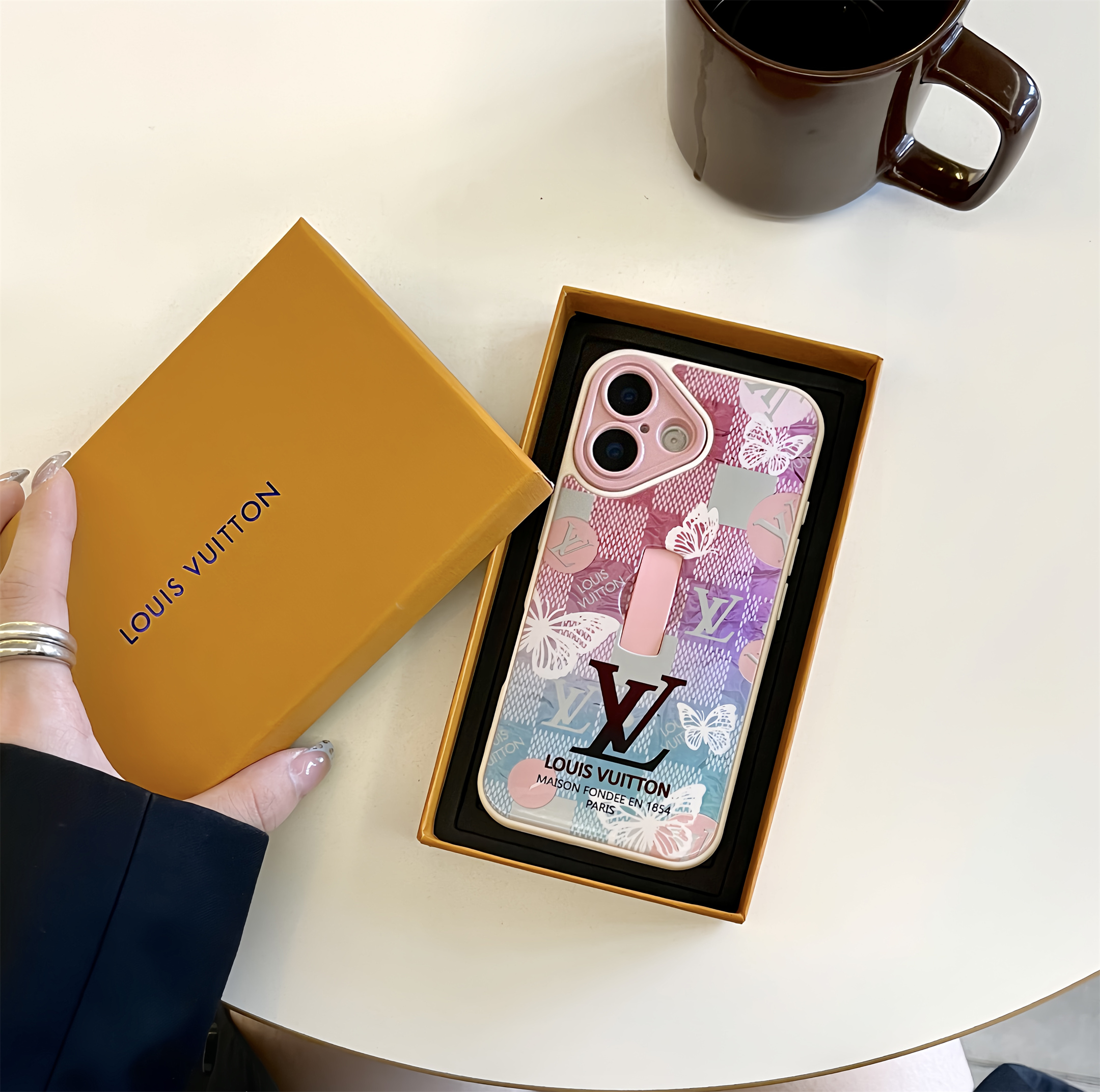 LV Monogram Checkerboard Elegant Butterfly Print Ring Buckle Apple iPhone Case