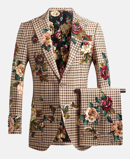 Peak Lapel Floral Plaid Print Blazer & Pants 2Pcs Set