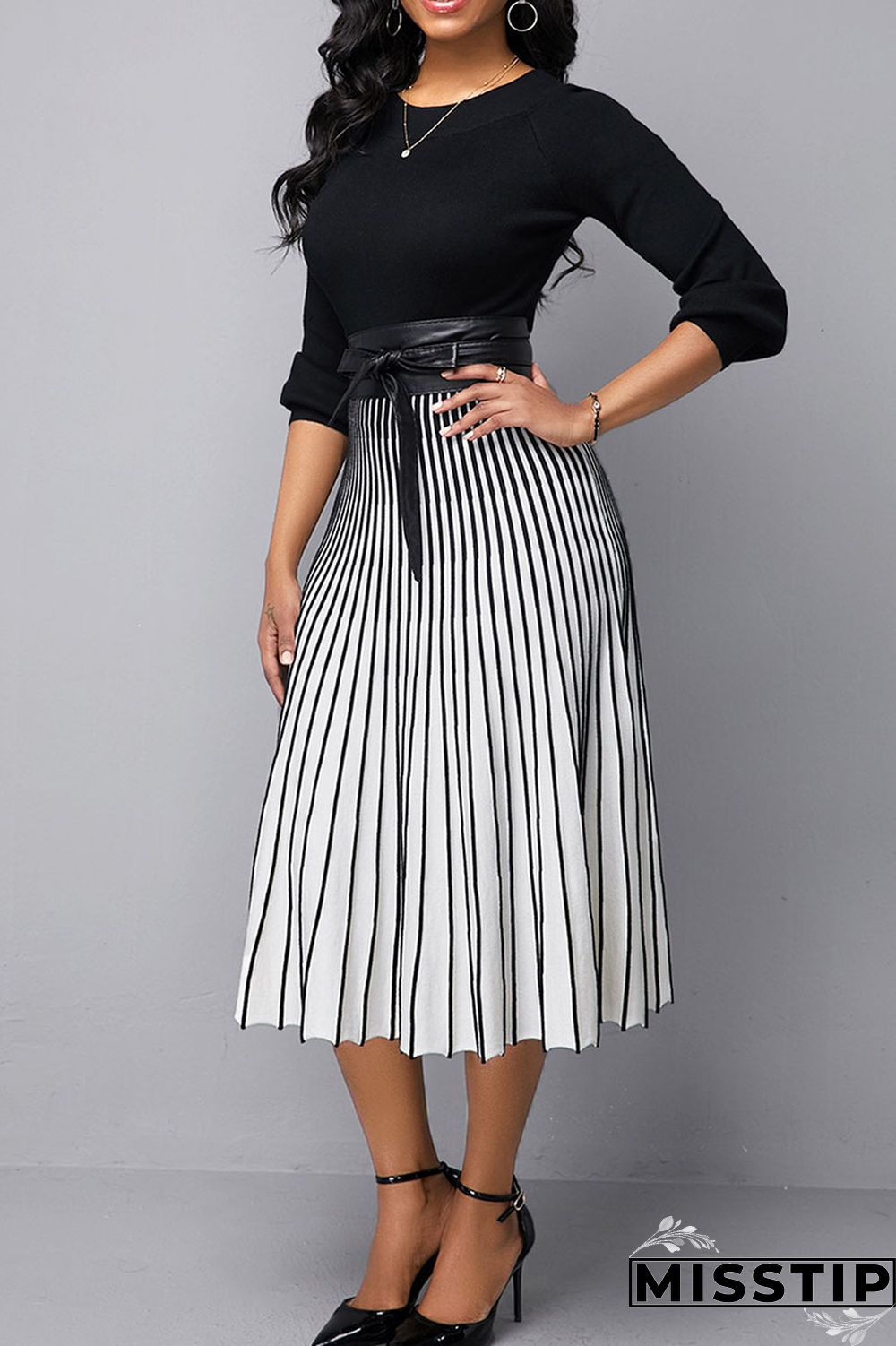 Black Casual Striped Print Patchwork O Neck A Line Dresses