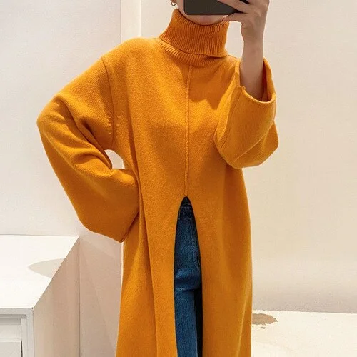 Wongn Loose Design Split Mid-length Knitted Dress Korean Chic Turtleneck Warm Pullovers Solid Color All-match Sweaters Women
