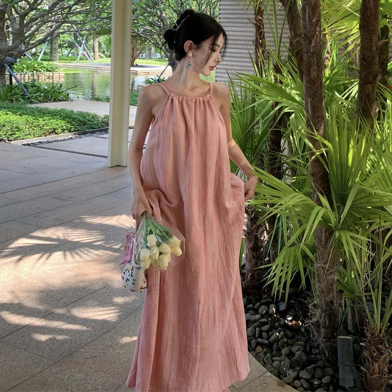 Zingj Zingj Dress Female Loose Show Thin Big Skirt Pleated Sleeveless Shoulder Cut Long Skirt