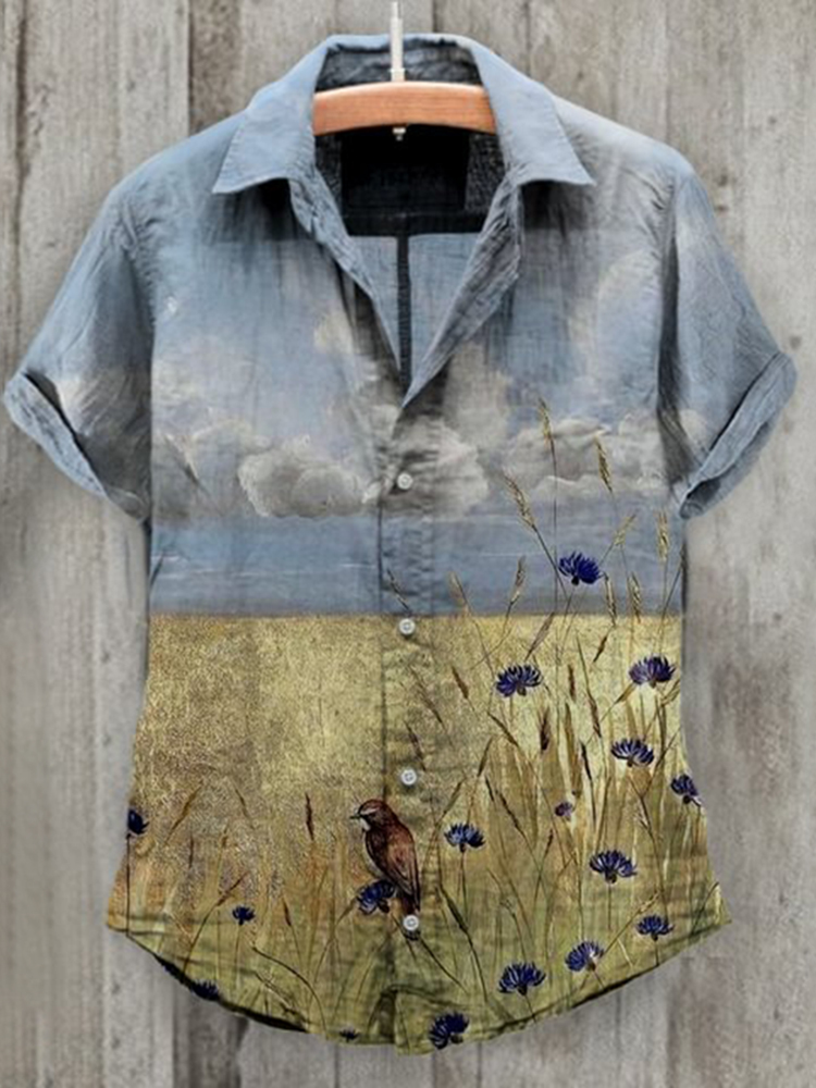 Comstylish Golden Beach Bird Floral Vintage Cotton and Linen Shirt
