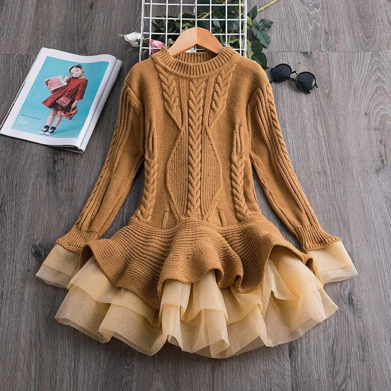Knitted Sweater Dress for Girls Autumn Winter Clothes Ribbed Long Sleeve Kids Party Costume Casual Wear Princess Christmas Dress