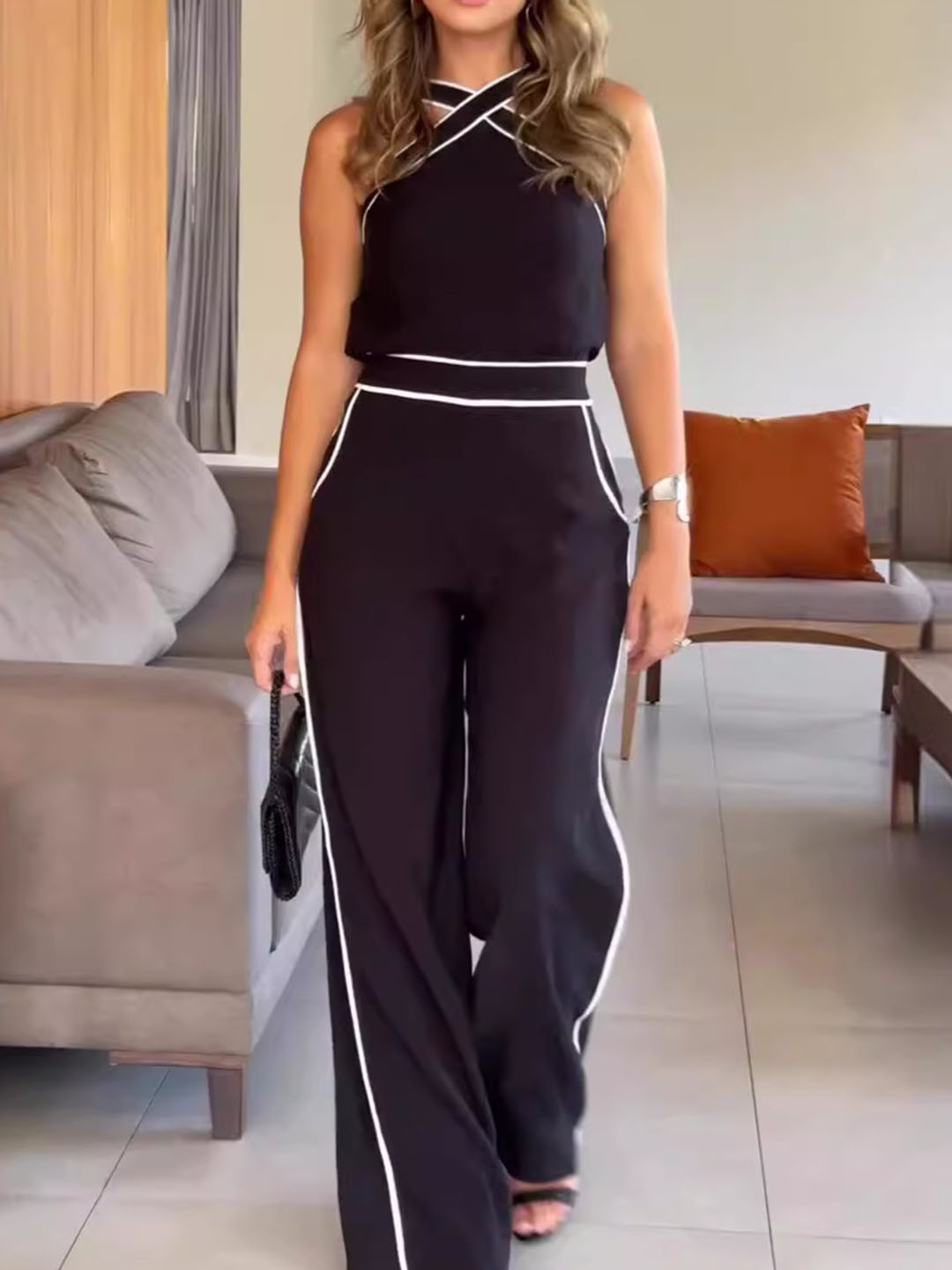 Casual Cross-collar Contrasting Vest & Trousers Two-piece Set | Oxredo Shop Ramadan Sale