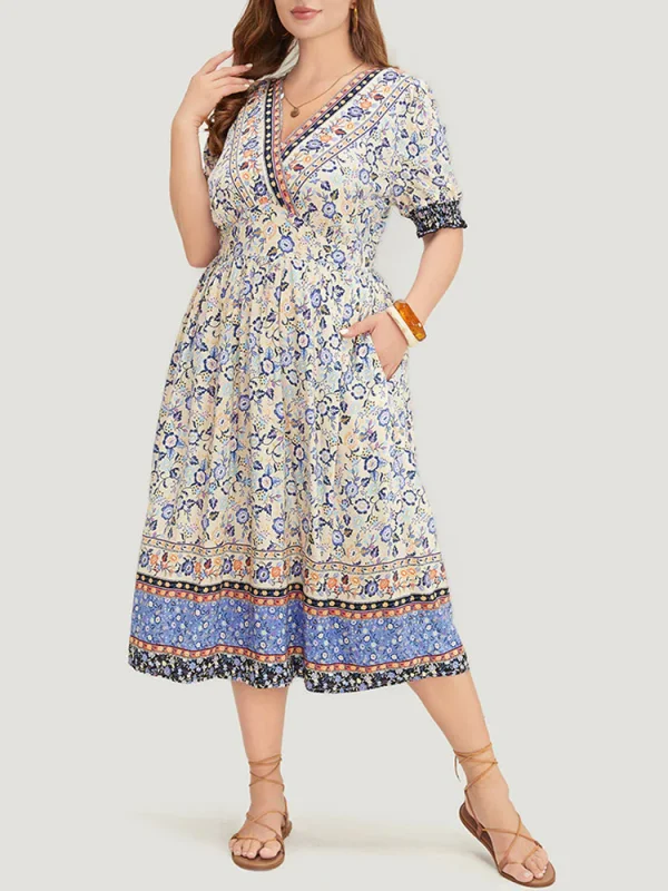 Print Surplice Neck Pocket Shirred Puff Sleeve Dress