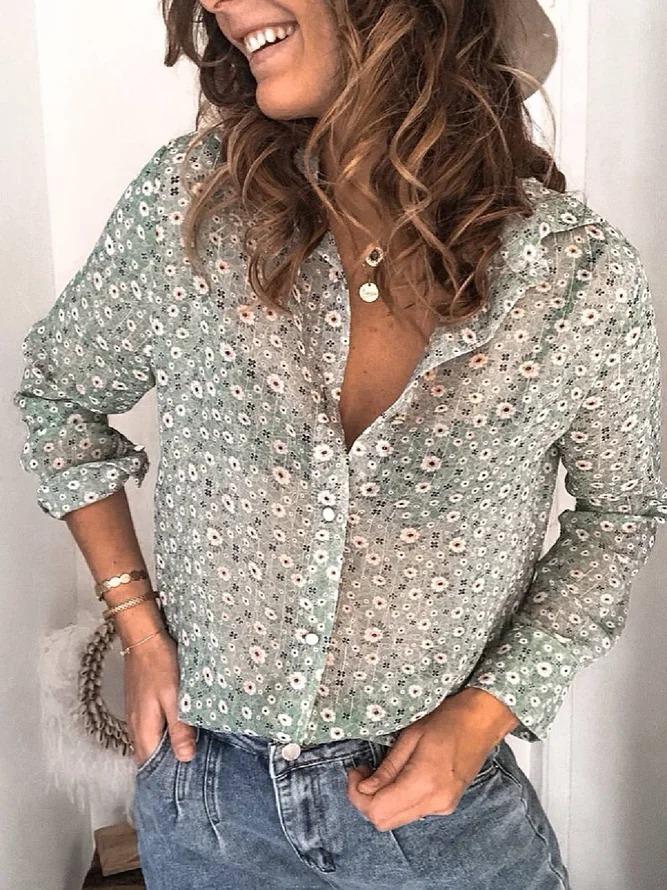 Green Floral Floral-Print Casual Shirt Collar Shirts & Tops