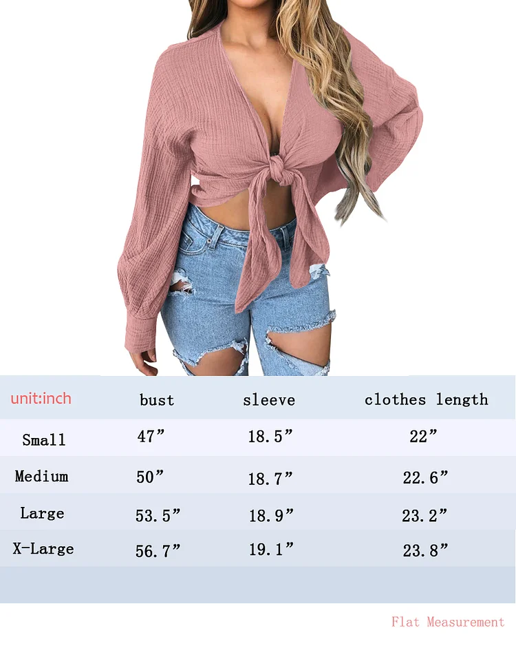 Women's Sexy Deep V Neck Tie Front Long Sleeve Shirts Crop Top Blouse