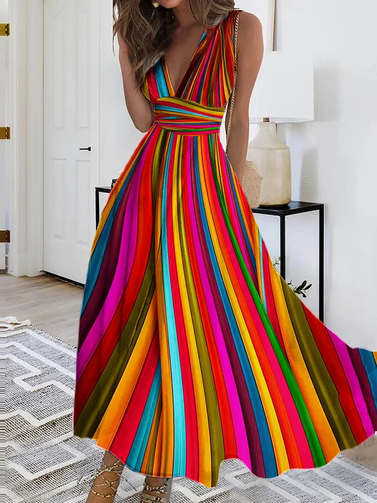 Women's Rainbow Art Print Casual V Neck Maxi Dress
