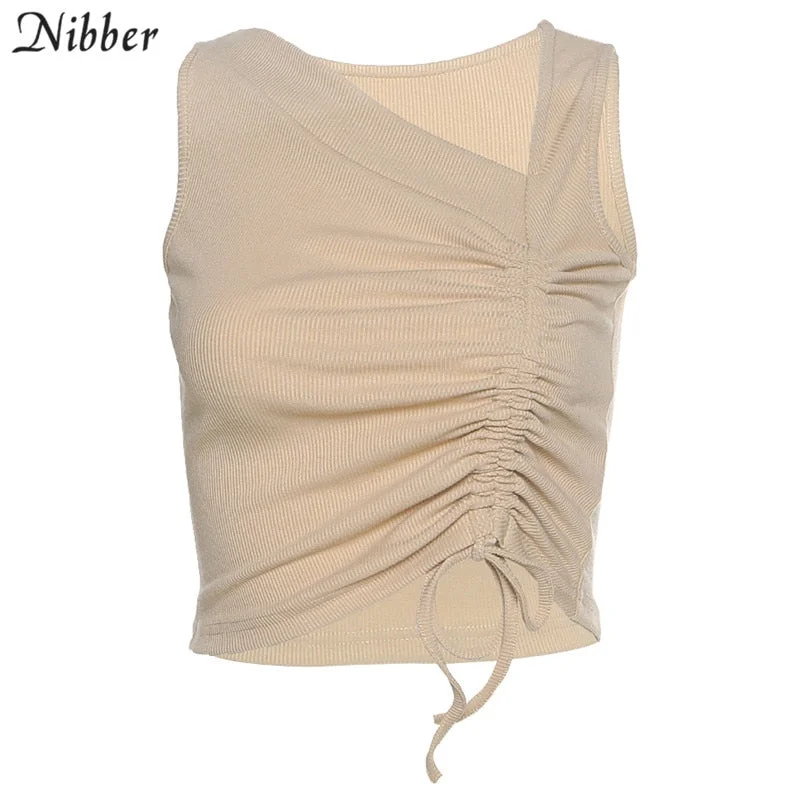 Nibber slim drawstring tees summer basic solid tshirt 2020 street casual female simple sleeveless wear elegant Vacation crop top