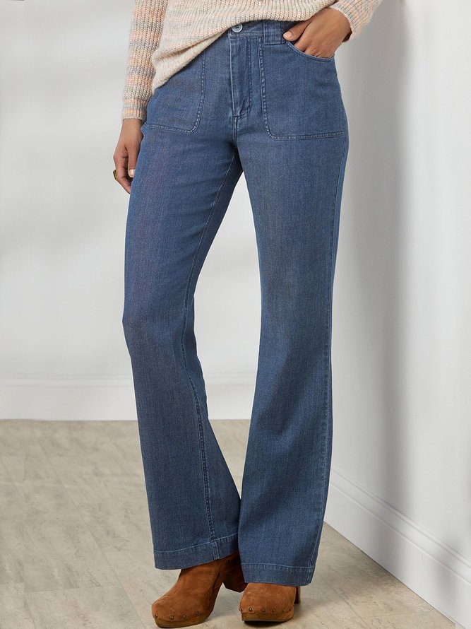 Regular Fit Solid Cotton Pants Flare Leg Denim Cotton Buttoned Pockets Plus Size B136- Fabulory